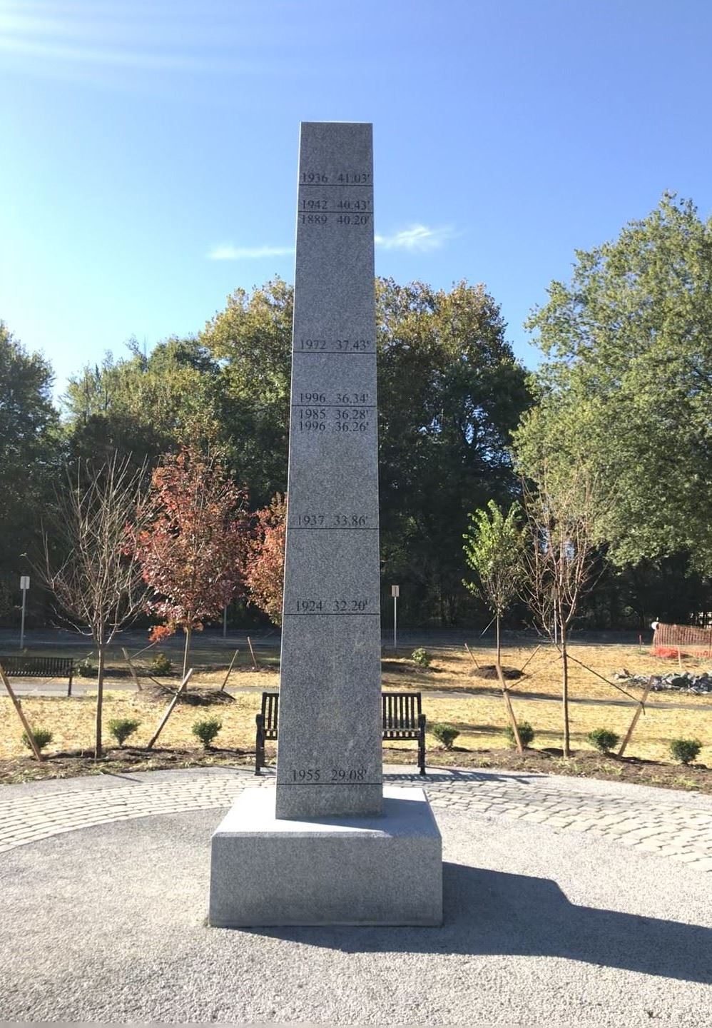 Stone obelisk with flood levels and dates.
