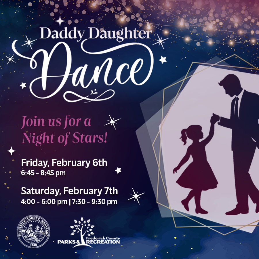 Daddy Daughter Dance promotional post with a black silhouette of a dad and daughter dancing. 
