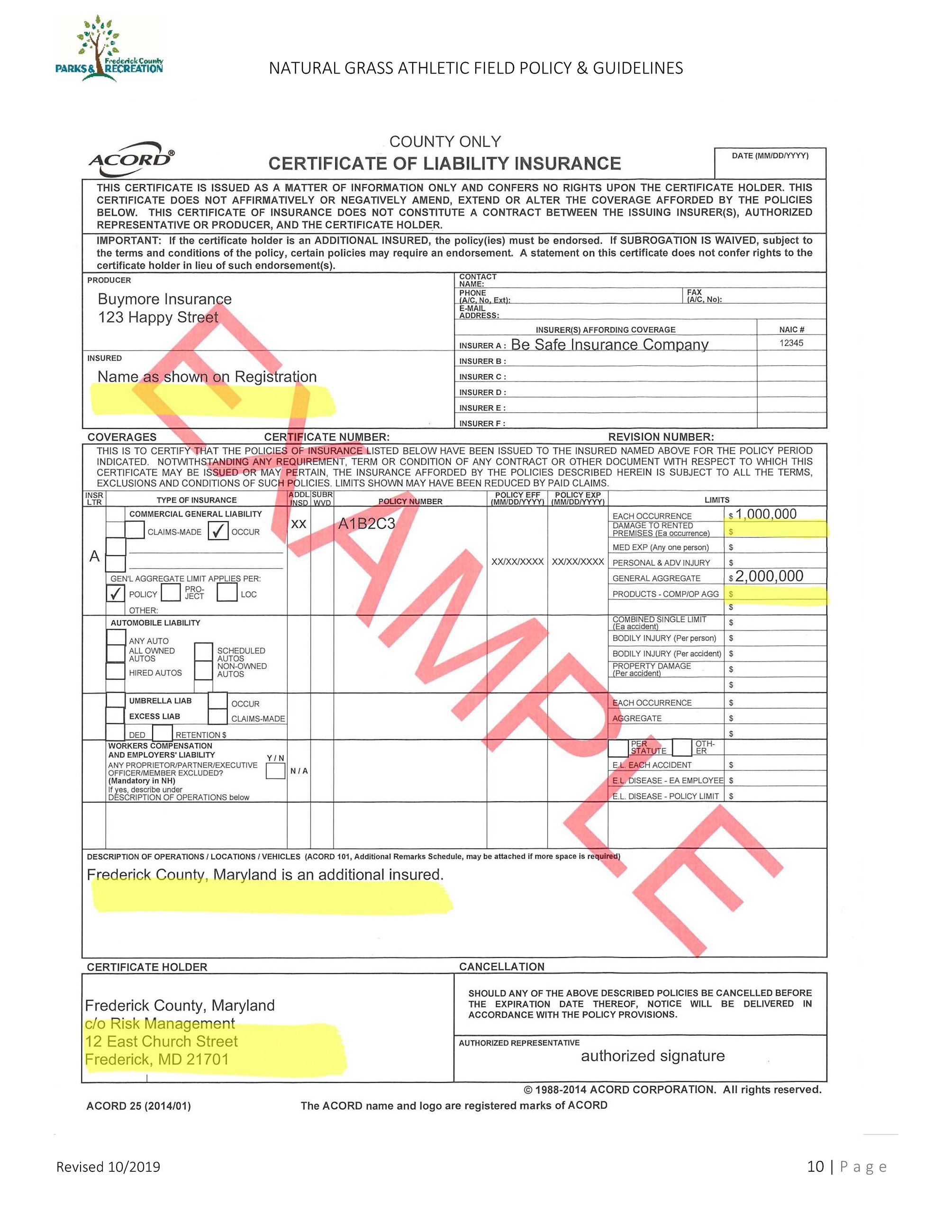 Certificate Of Liability Insurance EXAMPLE